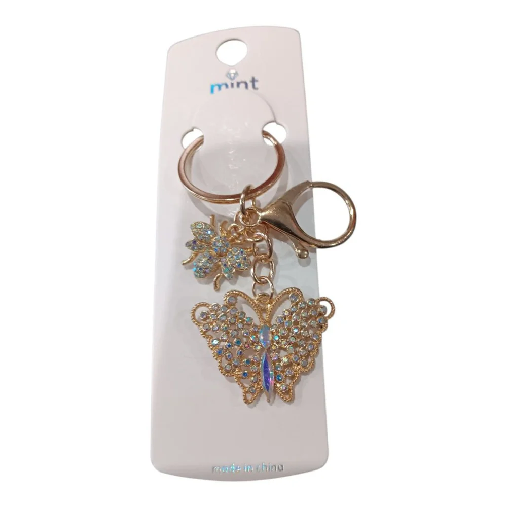 Iridescent Rhinestone Butterfly Bumblebee Gold Tone Keychain Purse Charm